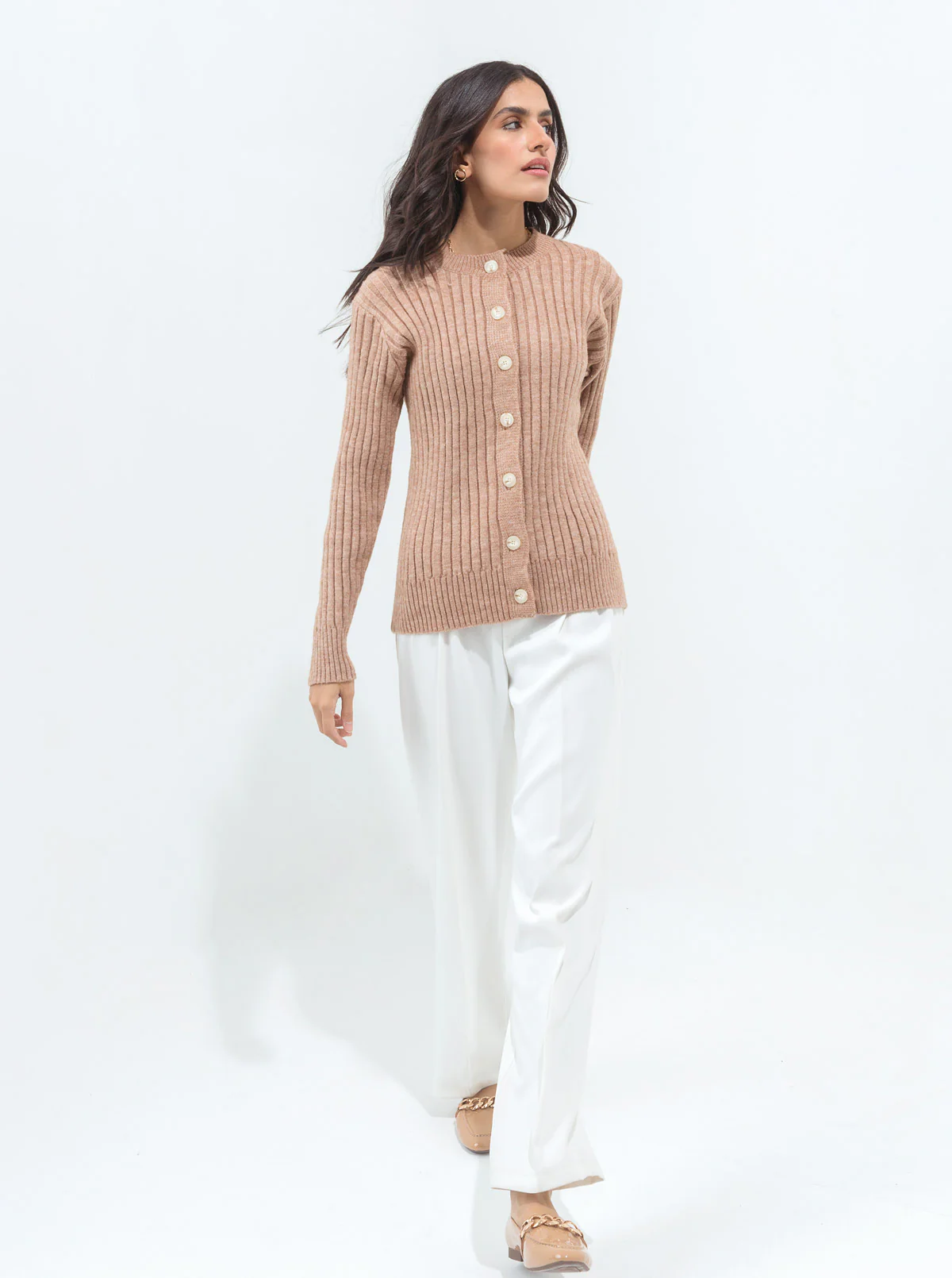 LIGHT BROWN HEATHER RIBBED CARDIGAN - Image 3