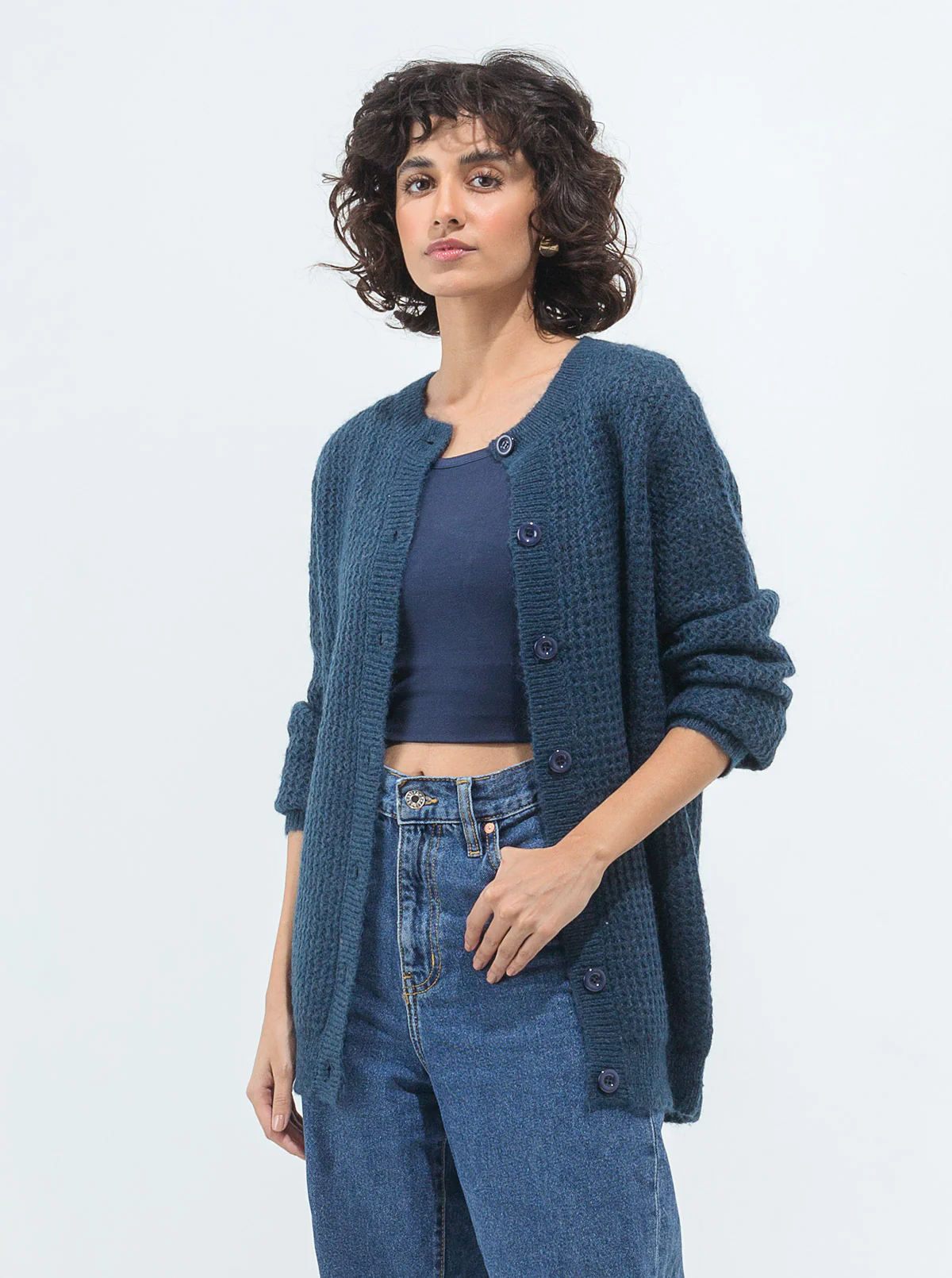 TEAL BLUE WAFFLE KNIT CARDIGAN - Image 2