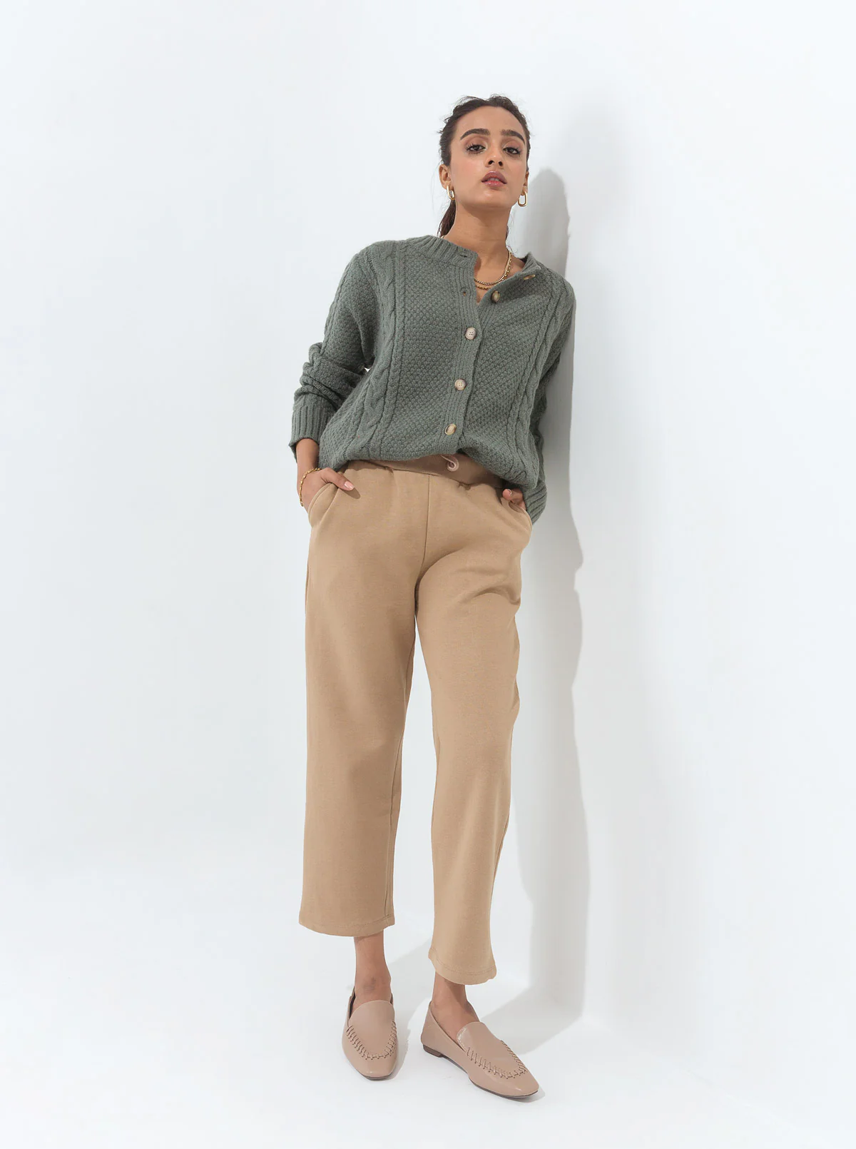 DULL GREEN COMBINATION CABLE KNIT CARDIGAN - Image 2