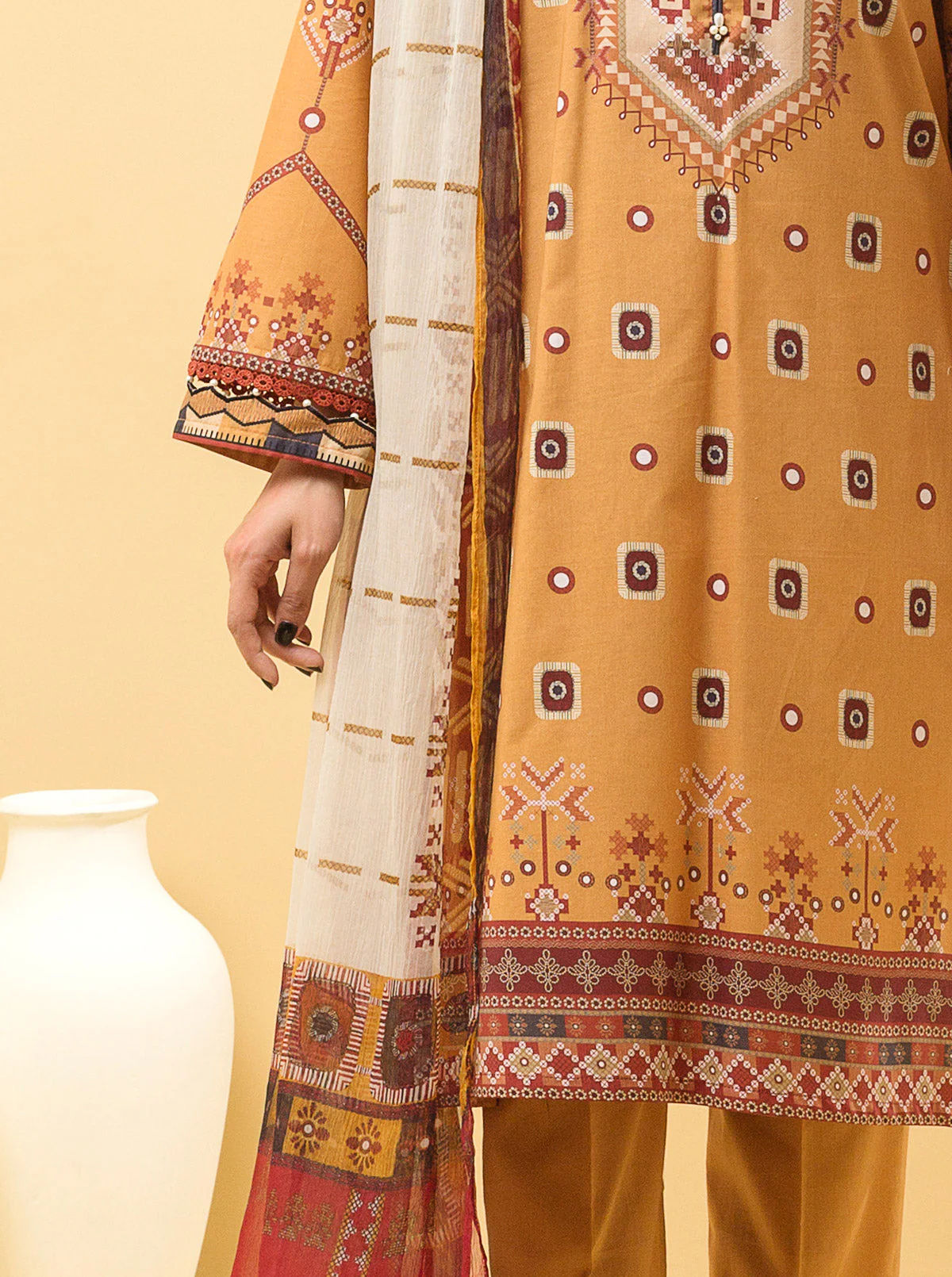 2 PIECE - PRINTED LAWN SUIT - MUSTARD MAZE - Image 2