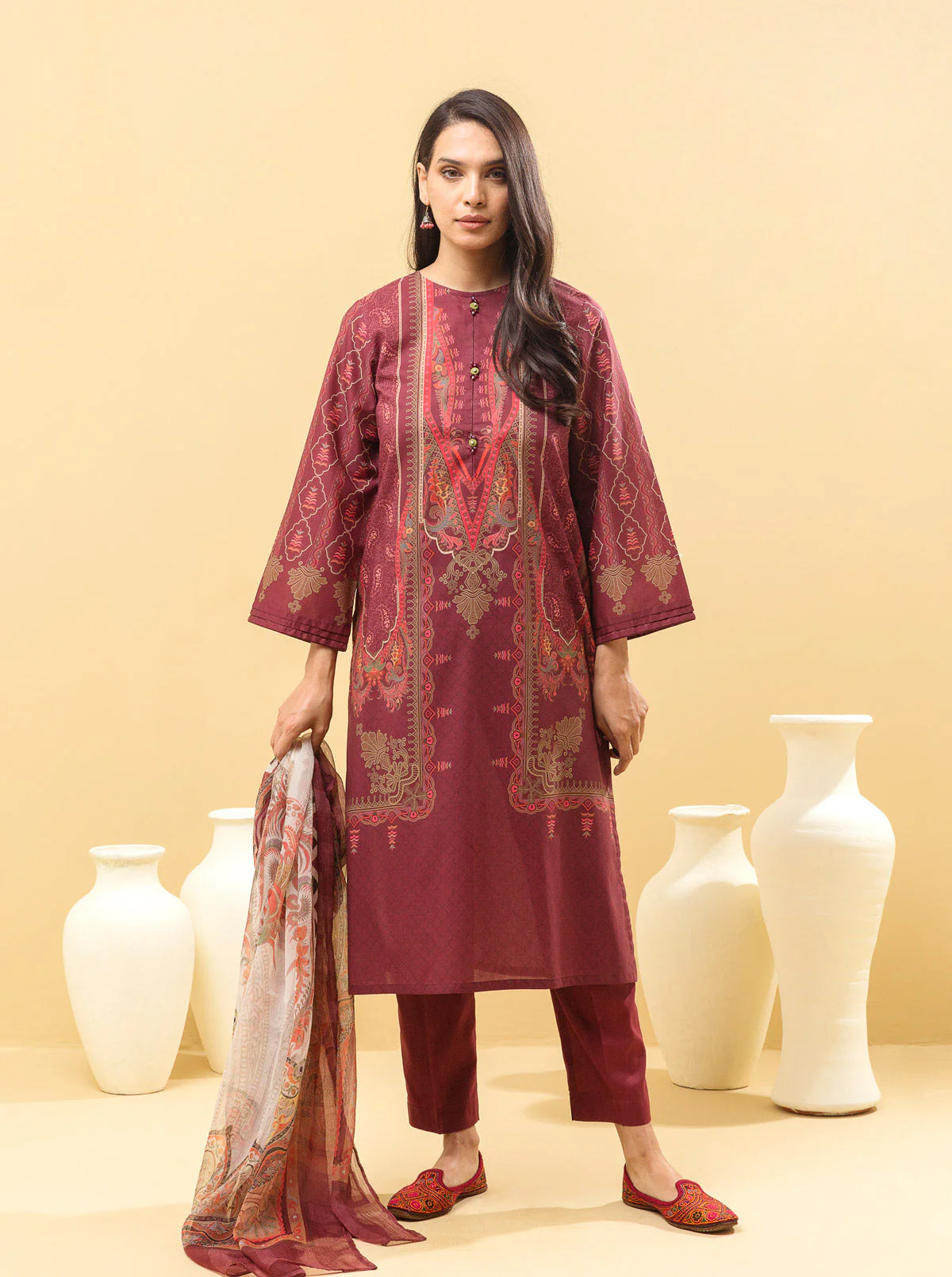 3 PIECE - PRINTED LAWN SUIT - AURORA RED - Image 3