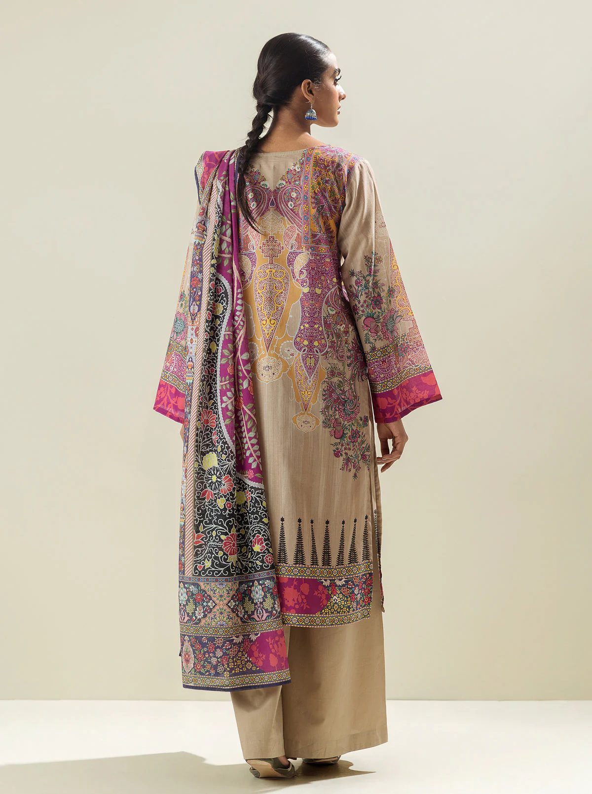 3 PIECE - PRINTED LAWN SUIT - ROYALTY BEIGE - Image 3
