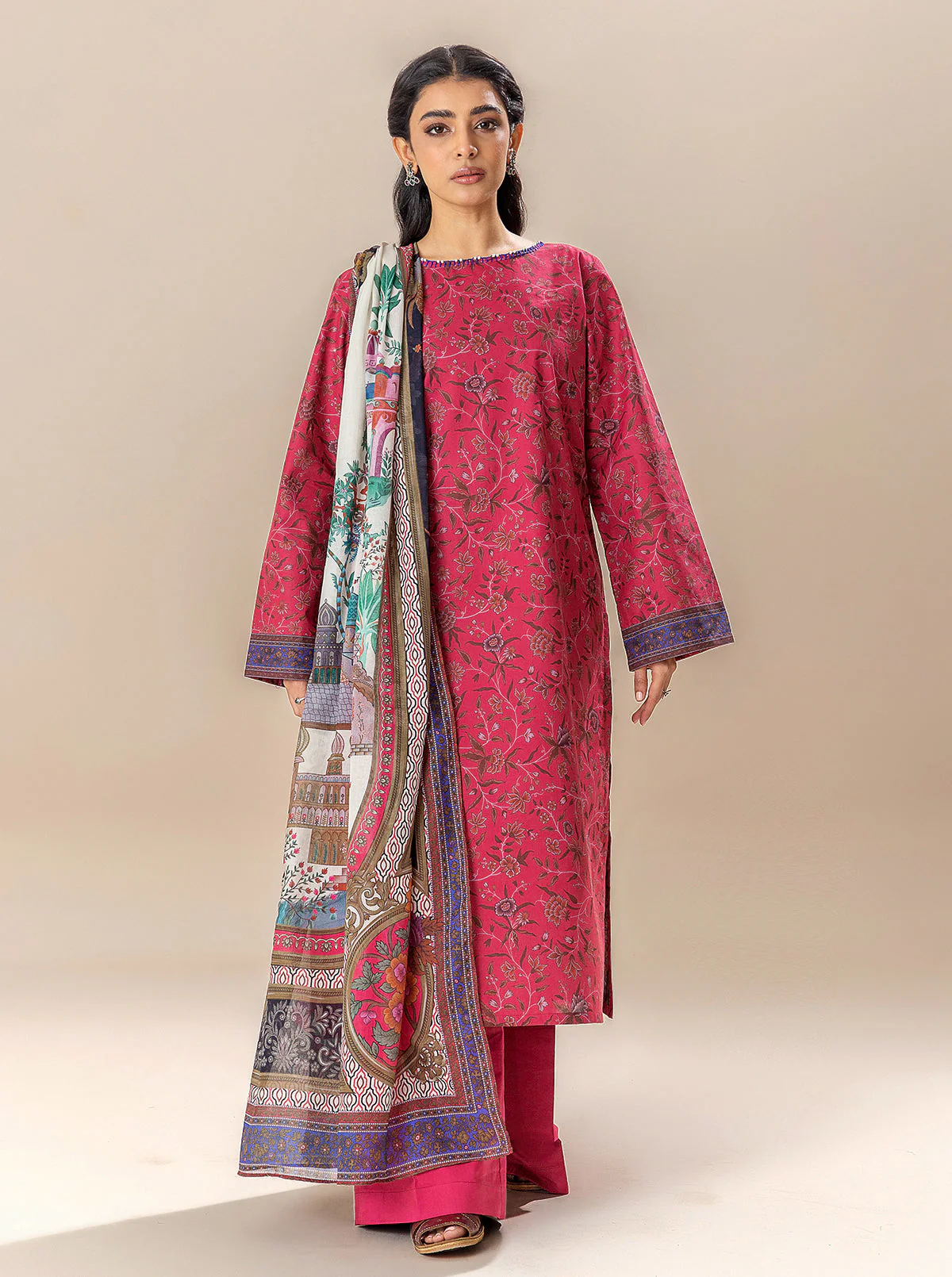 3 PIECE PRINTED LAWN SUIT-BAKED APPLE (UNSTITCHED) - Image 2