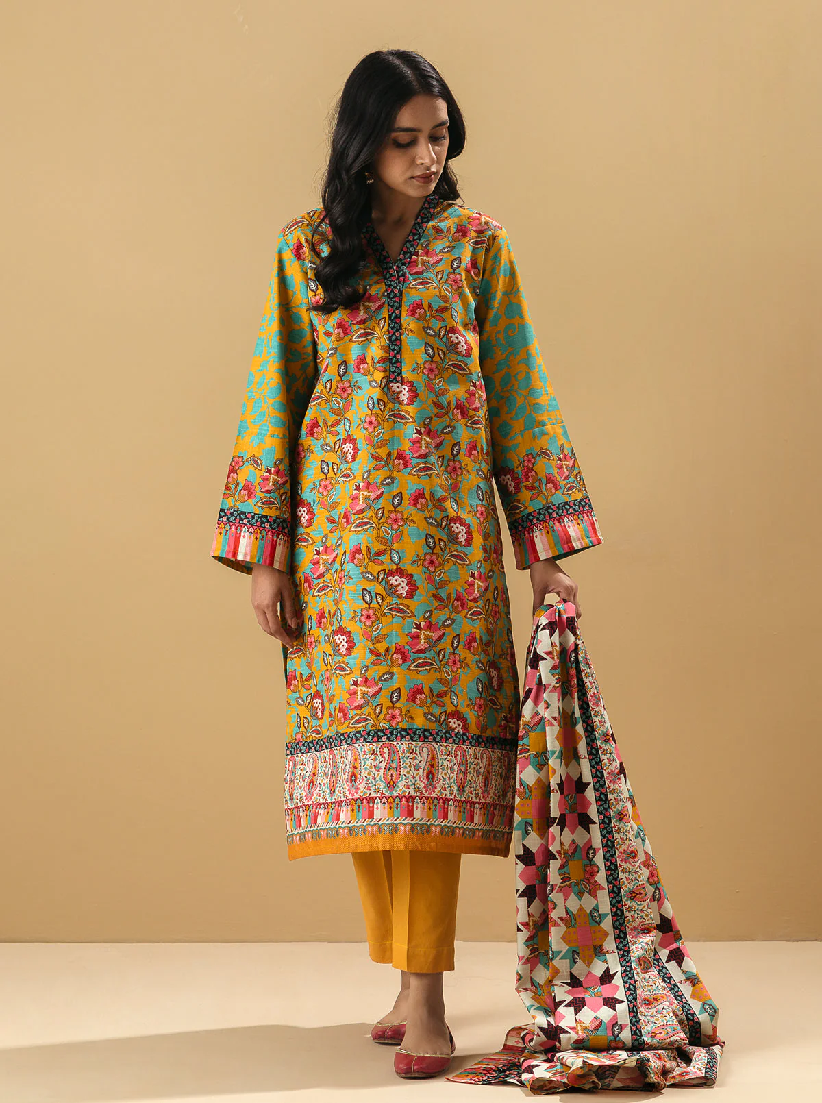 2 PIECE - PRINTED KHADDAR SUIT - YELLOW PEONIES - Image 5