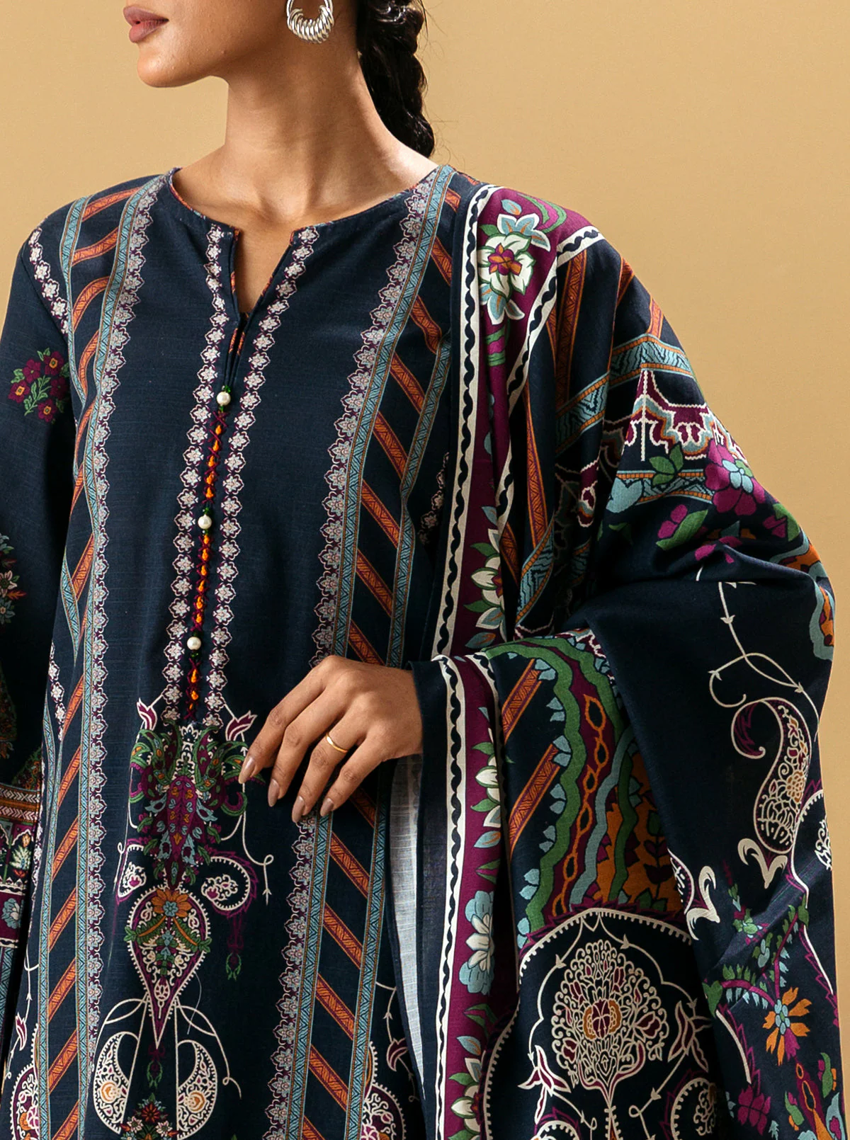 3 PIECE - PRINTED KHADDAR SUIT - FADED DENIM - Image 2