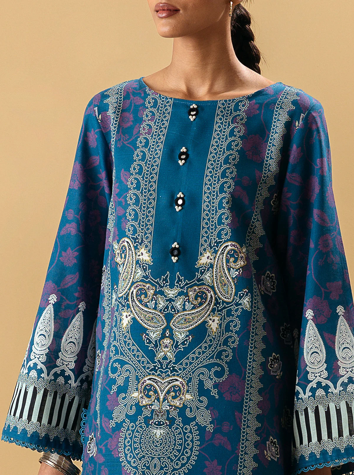 3 PIECE - PRINTED KHADDAR SUIT - BLUE PEACOCK - Image 4