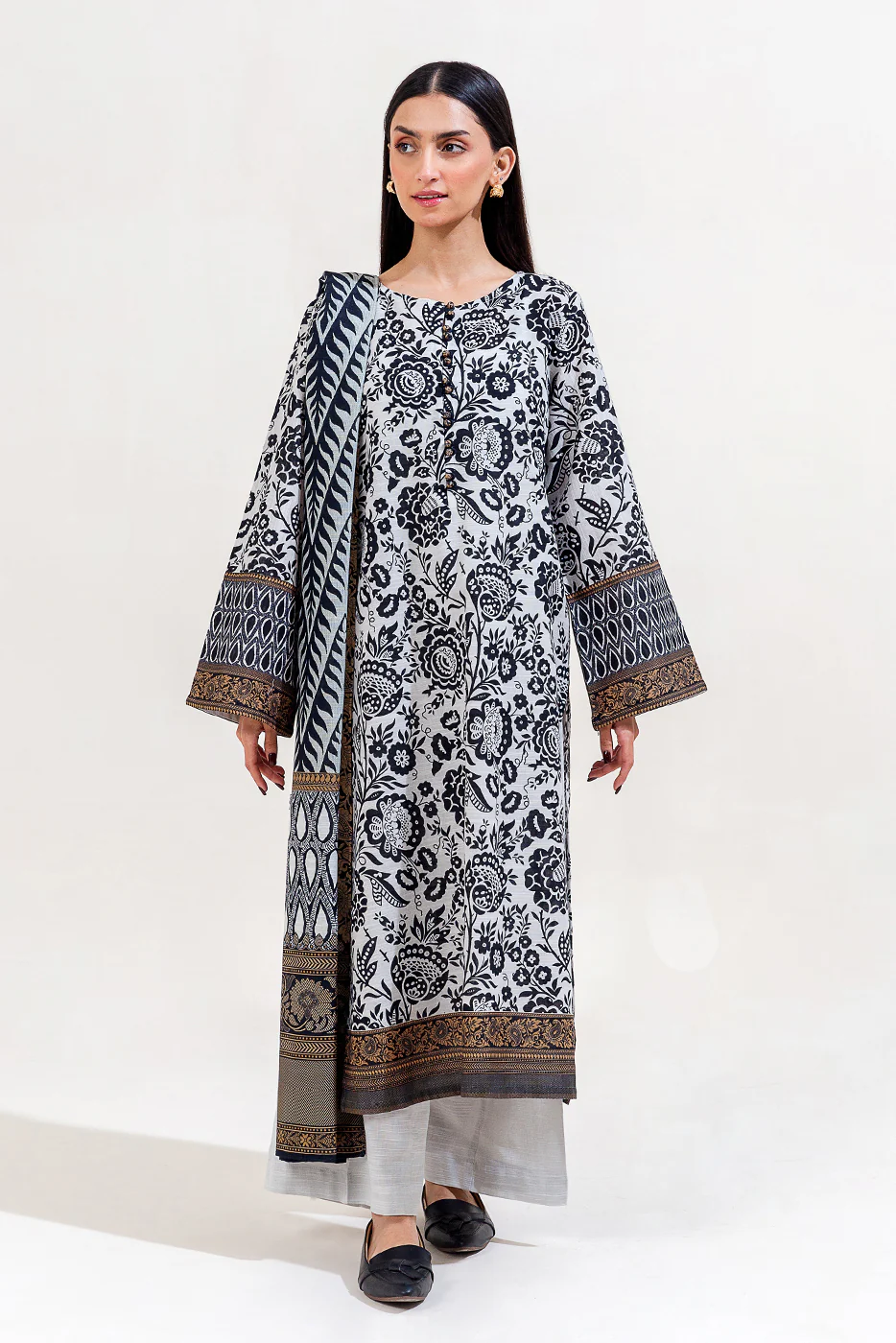 3 PIECE PRINTED KHADDAR SUIT-MONOCHROME PITCH (UNSTITCHED) - Image 2