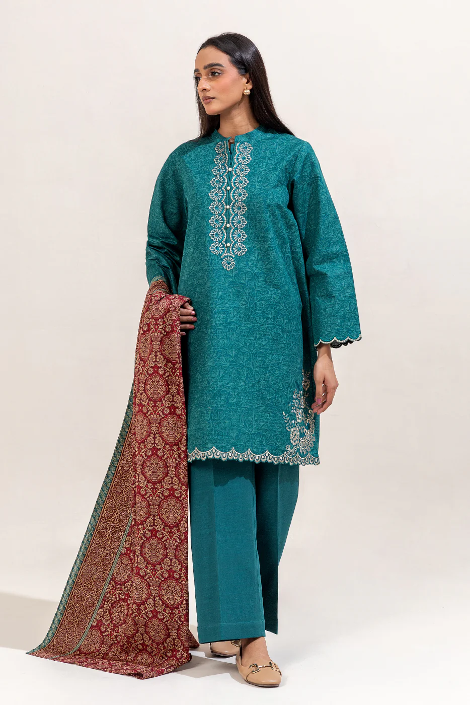3 PIECE EMBROIDERED KHADDAR SUIT-TEAL MUSK (UNSTITCHED) - Image 3