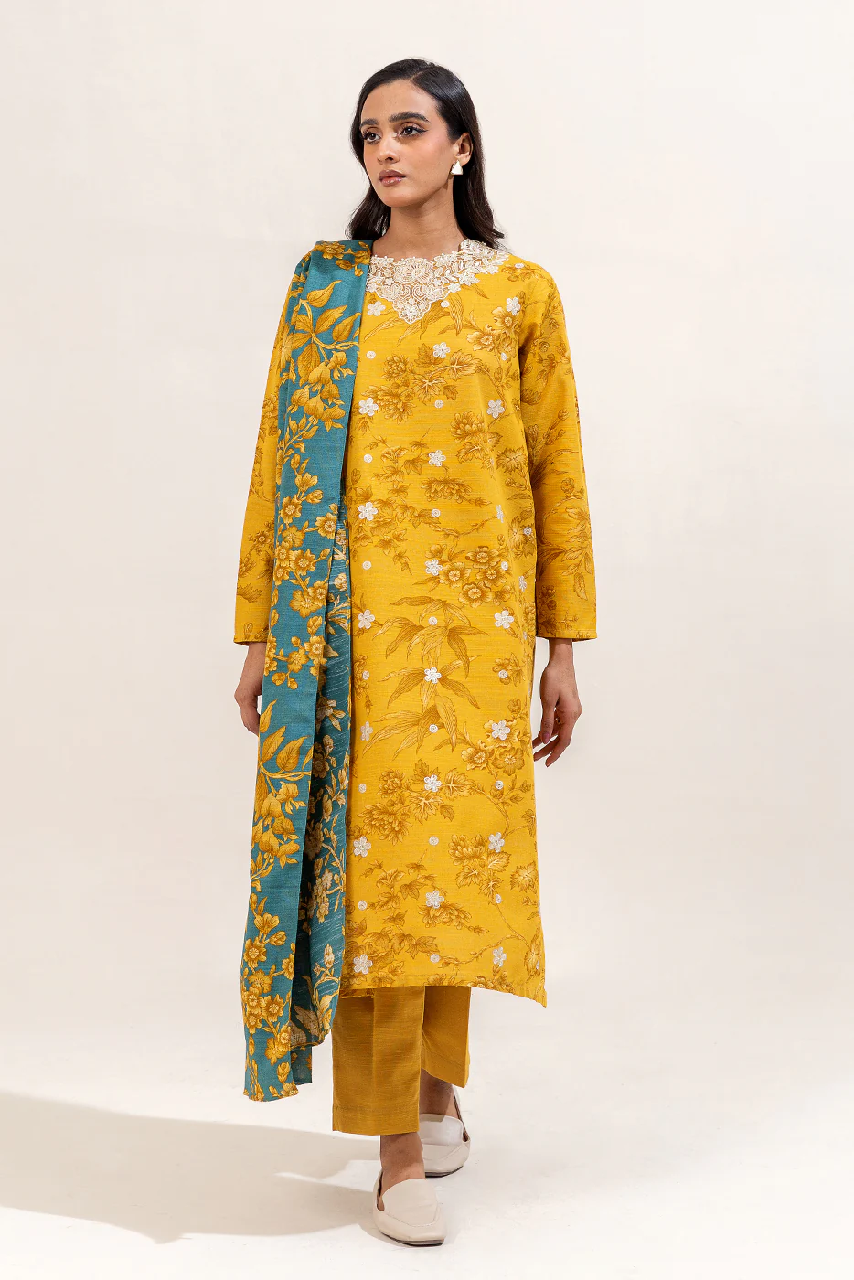 3 PIECE EMBROIDERED KHADDAR SUIT-MUSTARD SEED (UNSTITCHED) - Image 2