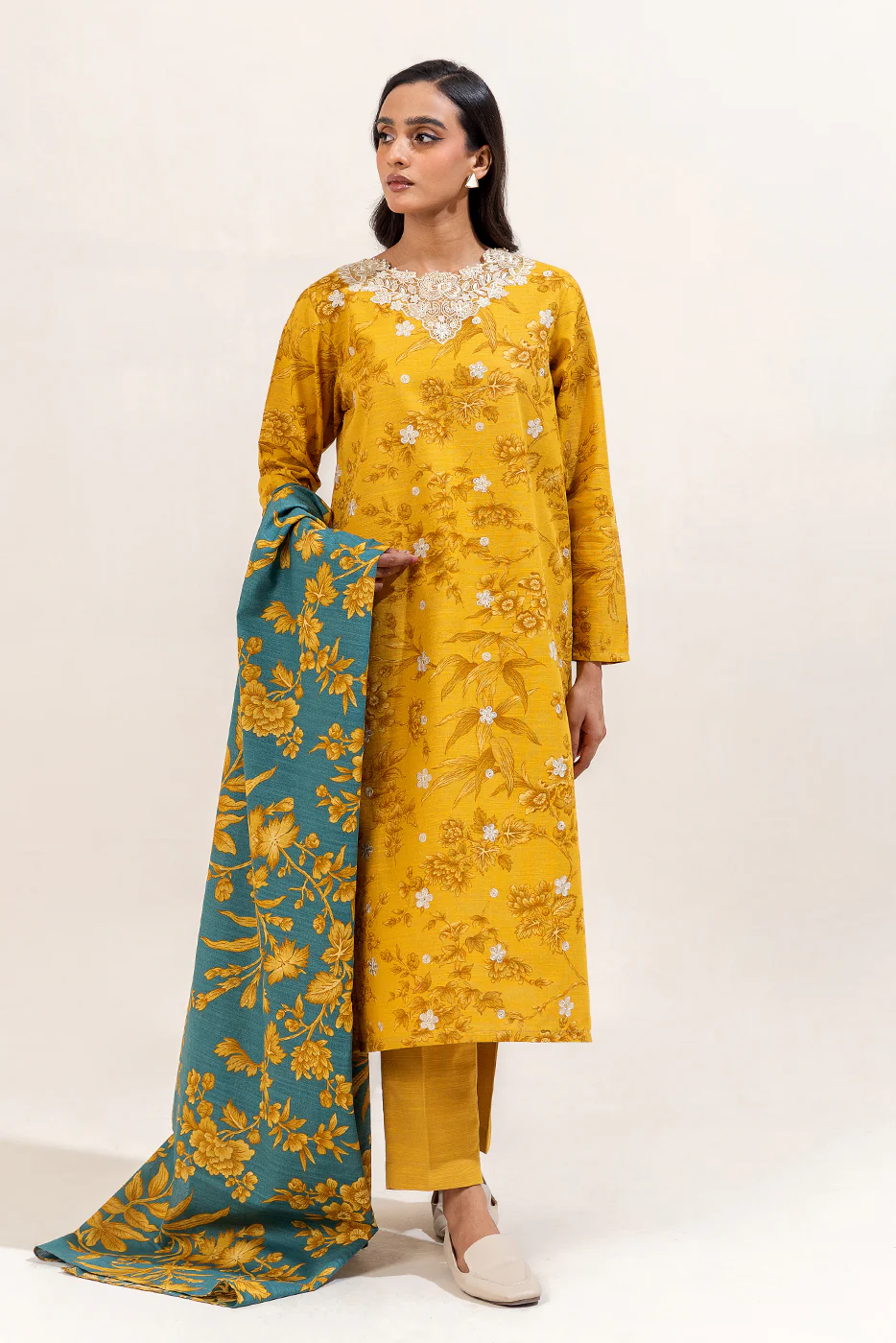 3 PIECE EMBROIDERED KHADDAR SUIT-MUSTARD SEED (UNSTITCHED) - Image 3