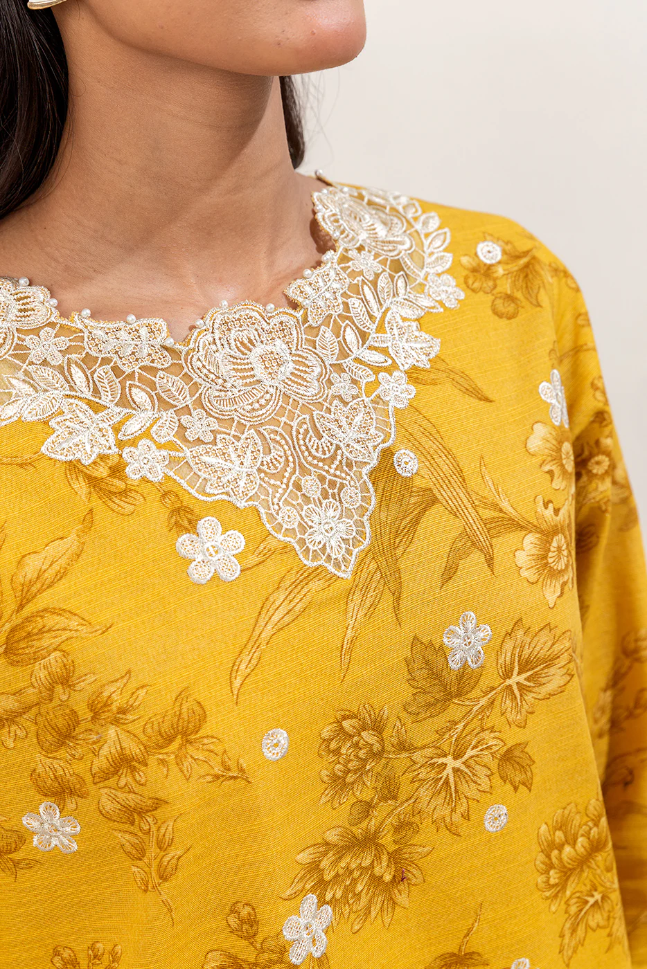 3 PIECE EMBROIDERED KHADDAR SUIT-MUSTARD SEED (UNSTITCHED) - Image 5