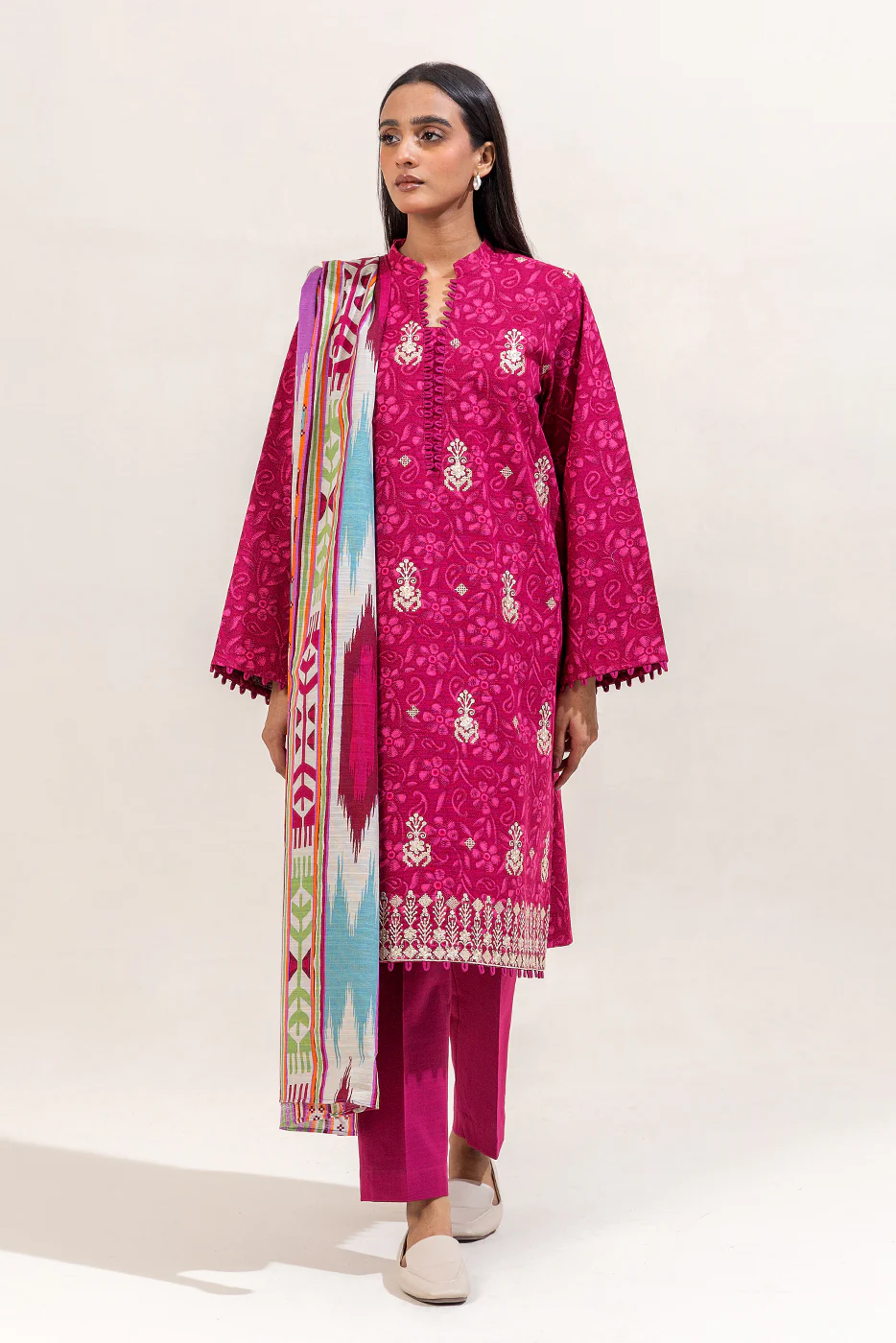 3 PIECE EMBROIDERED KHADDAR SUIT-SANGRIA TRIBE (UNSTITCHED) - Image 2
