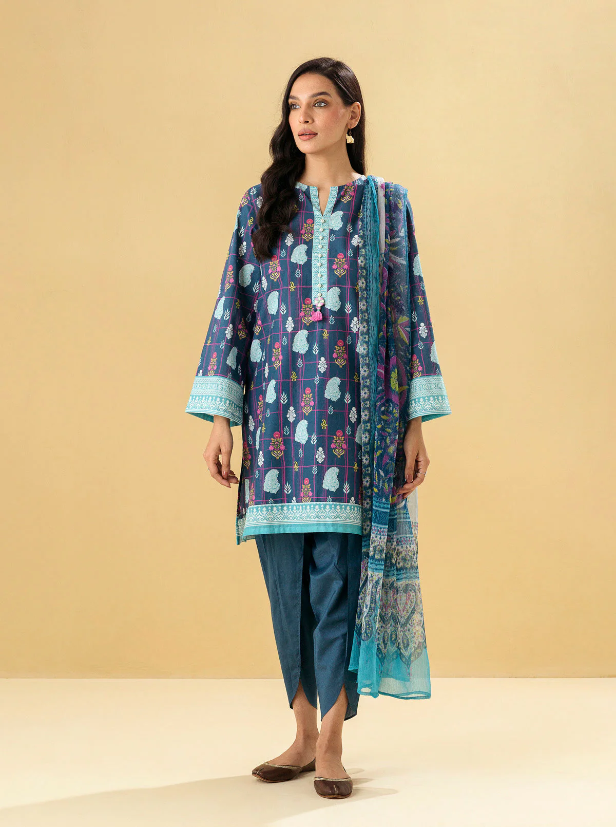 2 PIECE - PRINTED LAWN SUIT - MAZARINE BLUE