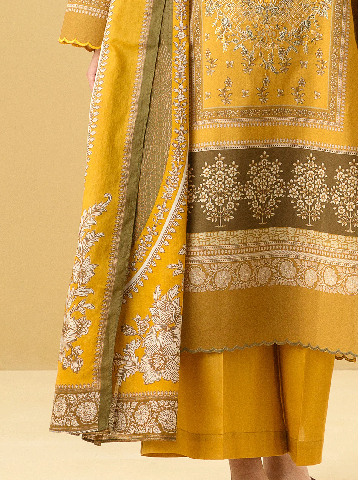 3 PIECE - EMBROIDERED LAWN SUIT - CLASSIC OCHRE - Image 2
