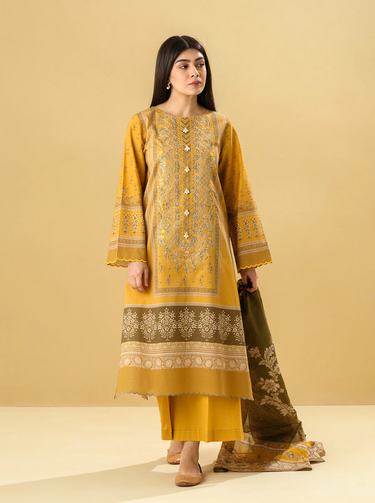 3 PIECE - EMBROIDERED LAWN SUIT - CLASSIC OCHRE - Image 3