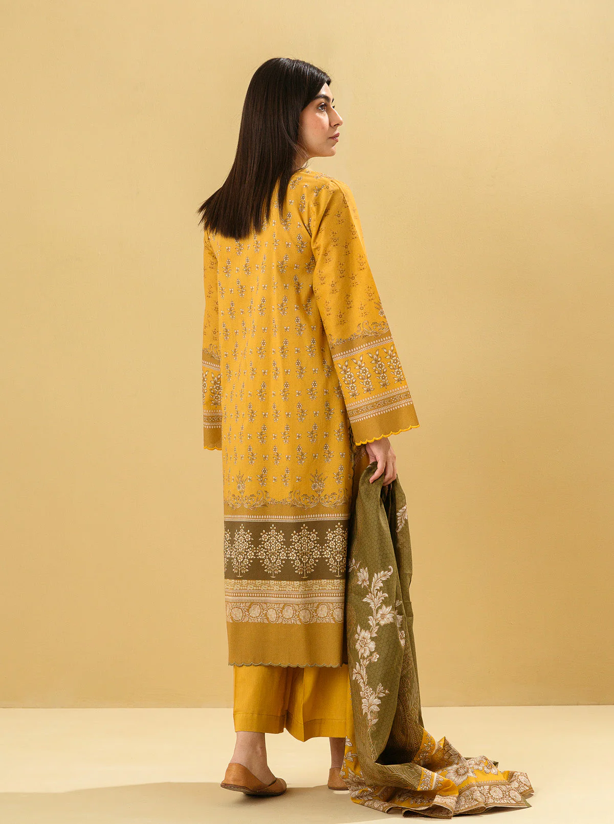3 PIECE - EMBROIDERED LAWN SUIT - CLASSIC OCHRE - Image 6