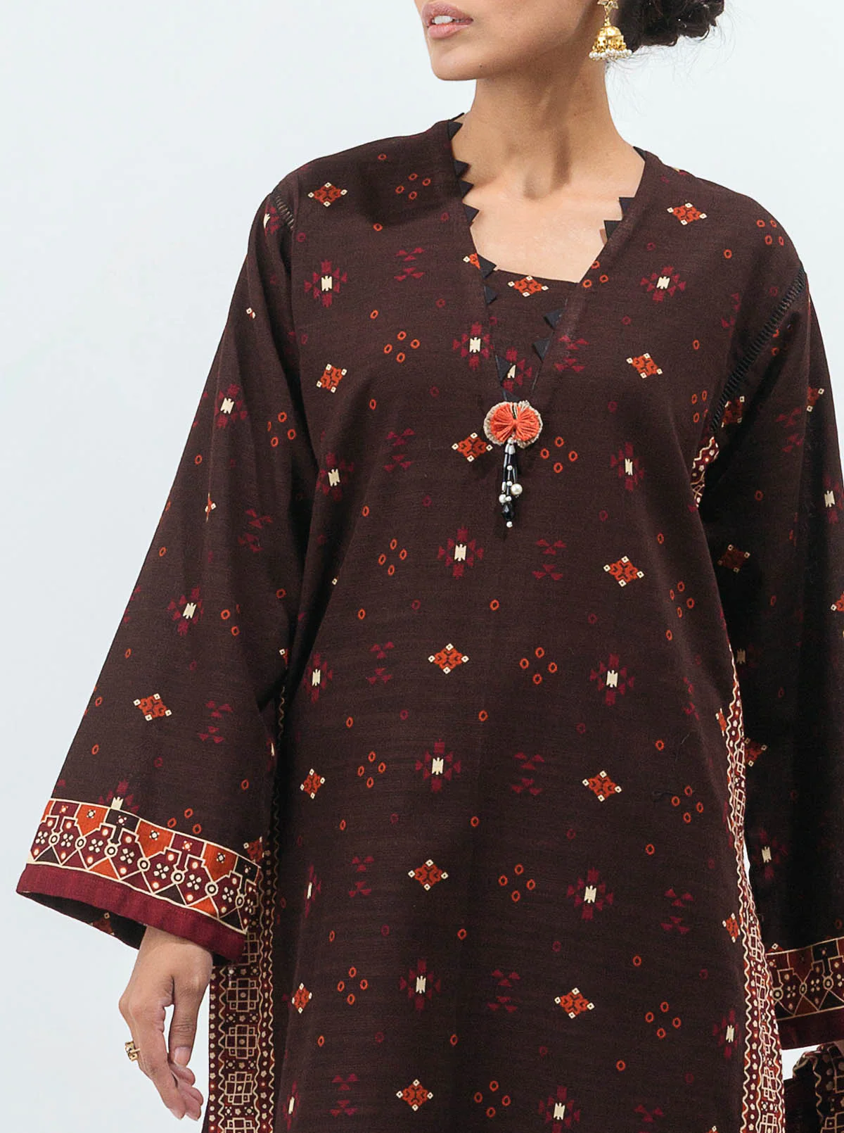 3 PIECE - PRINTED KHADDAR SUIT - DUSKY BROWN - Image 4