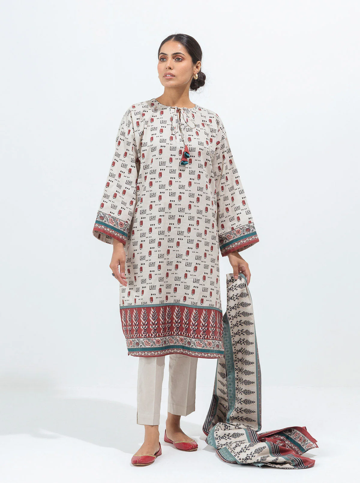 3 PIECE - PRINTED KHADDAR SUIT - IVORY CHALK - Image 3