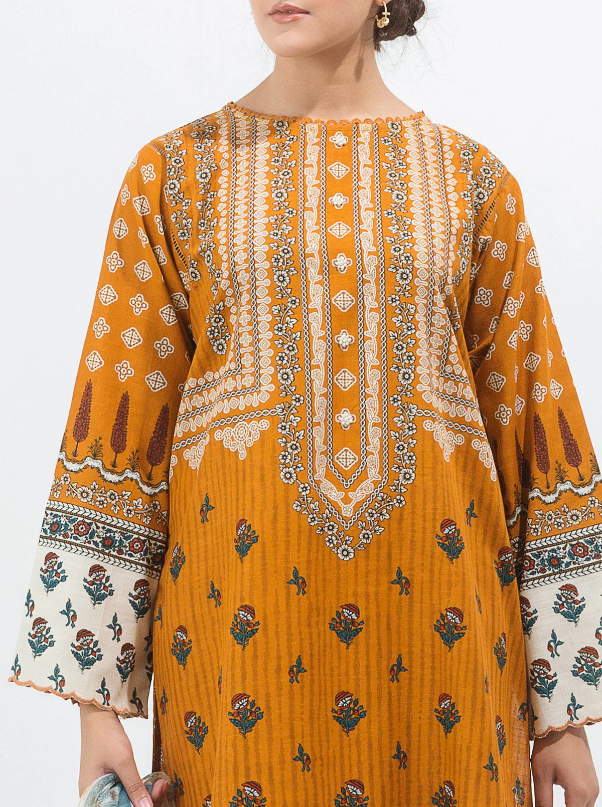 3 PIECE - PRINTED KHADDAR SUIT - OCHRE GOLD - Image 4