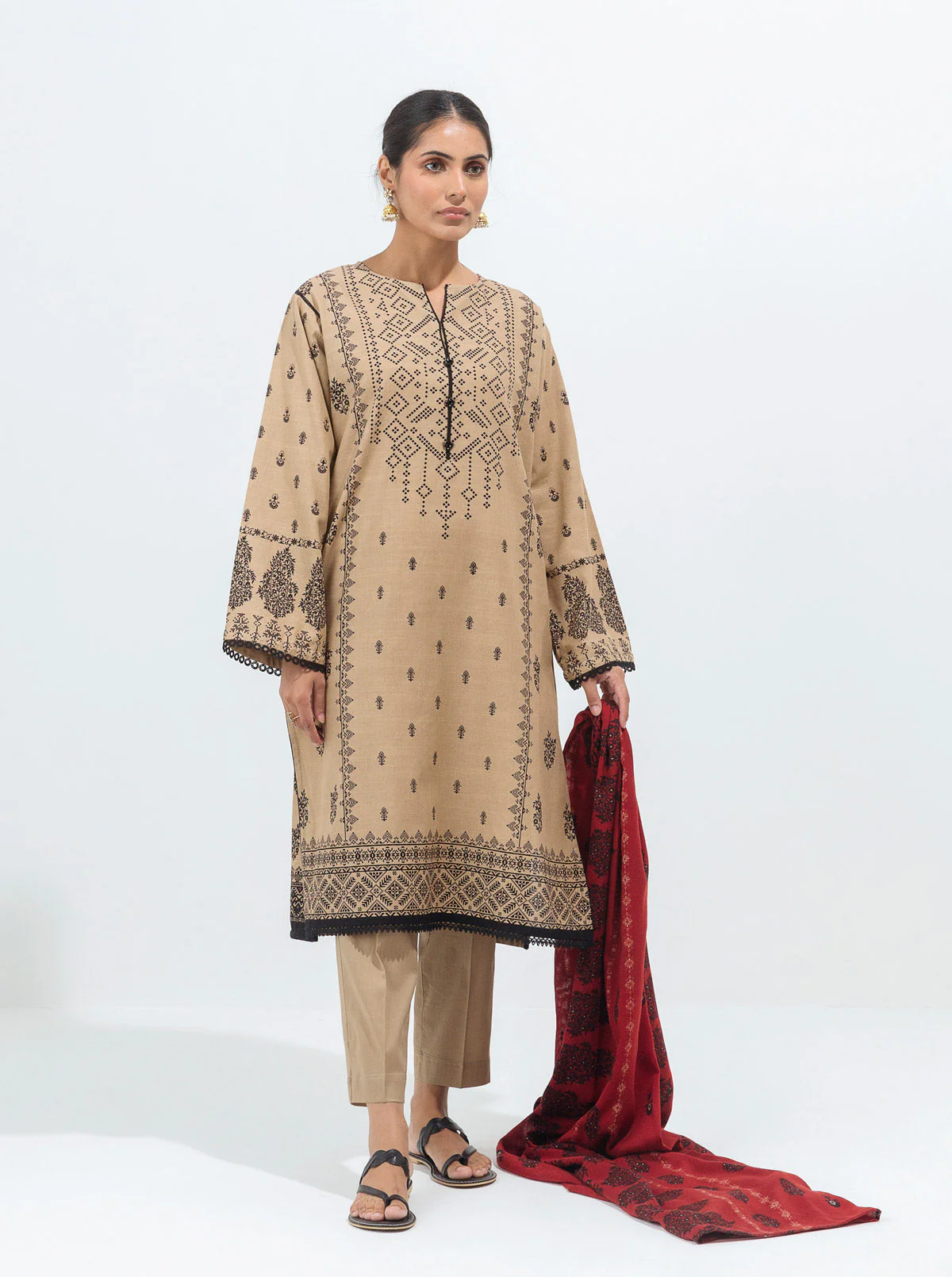 3 PIECE - PRINTED WITH SHAWL KHADDAR SUIT - DUST DEW - Image 3