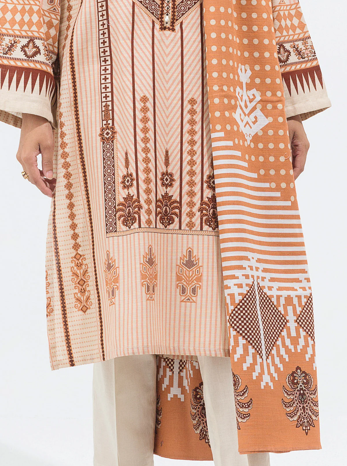 3 PIECE - PRINTED KHADDAR SUIT - HAZEL BEIGE - Image 2