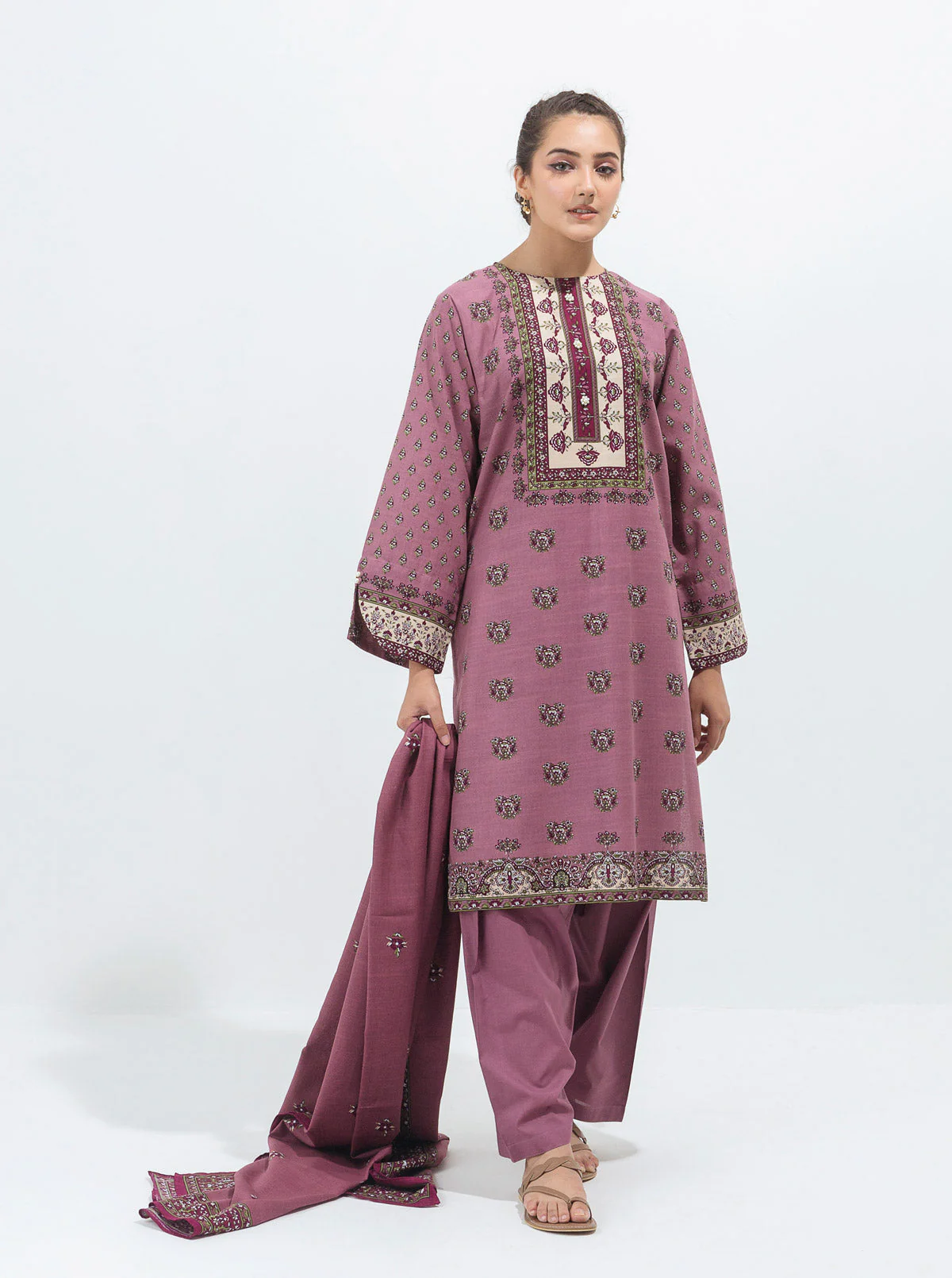 3 PIECE - PRINTED KHADDAR SUIT - MAUVE HAZE - Image 3
