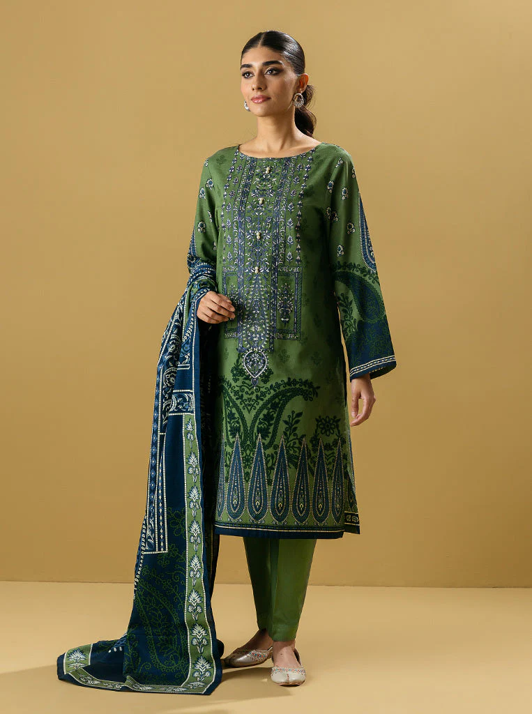3 PIECE - EMBROIDERED  KHADDAR SUIT - TURF GREEN - Image 2
