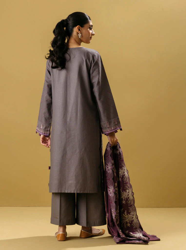 3 PIECE - EMBROIDERED WITH SHAWL  KHADDAR SUIT - SMOKY HAZE - Image 3