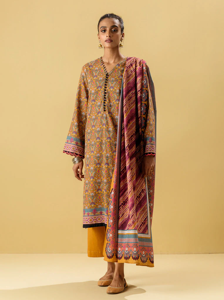 3 PIECE - PRINTED KHADDAR SUIT - BRIGHT MANI GOLD - Image 4