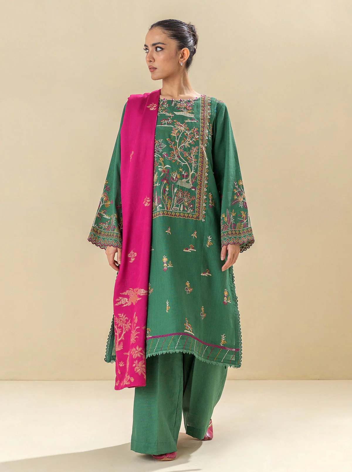 3 PIECE - EMBROIDERED KHADDAR SUIT - SATIN MOSS - Image 2