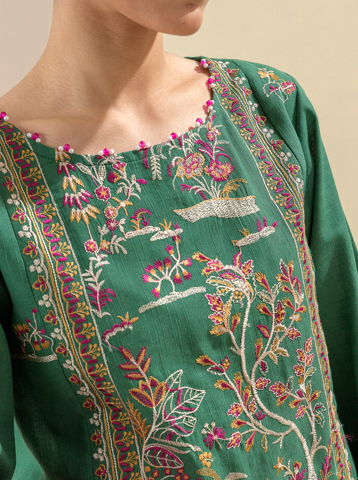 3 PIECE - EMBROIDERED KHADDAR SUIT - SATIN MOSS - Image 4