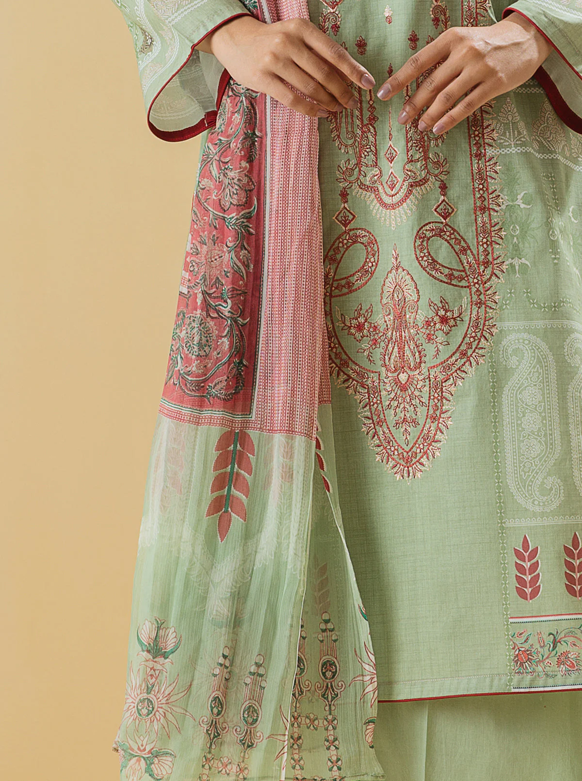 3 PIECE - EMBROIDERED LAWN SUIT - DUSKY MINT - Image 2