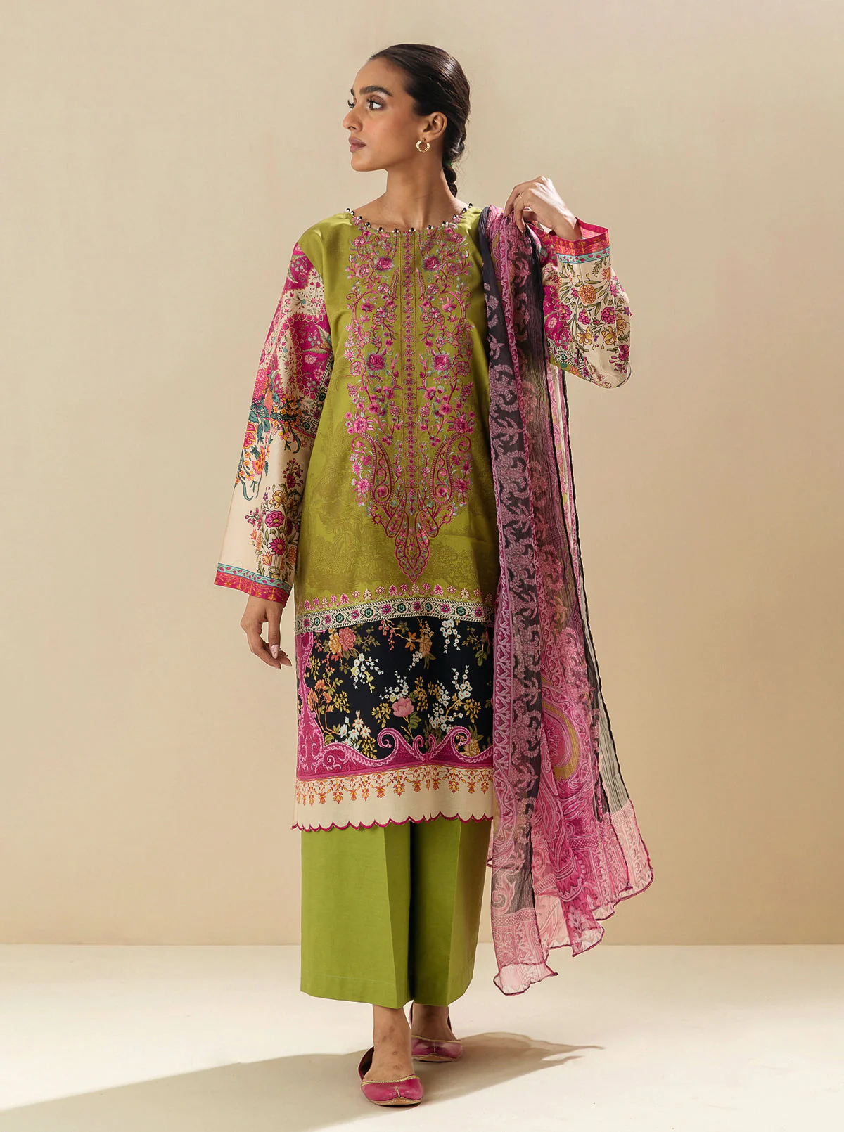3 PIECE - EMBROIDERED LAWN SUIT - LIME TWIST - Image 2