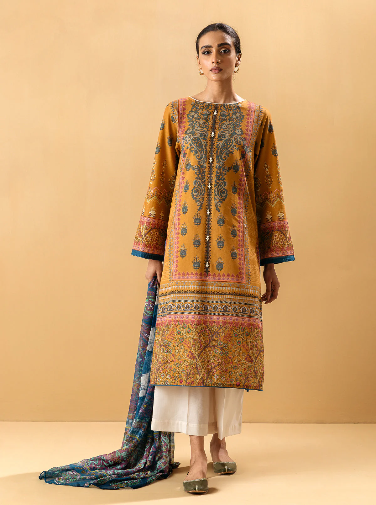 2 PIECE - PRINTED LAWN SUIT - MUSTARD GEMSTONE - Image 4