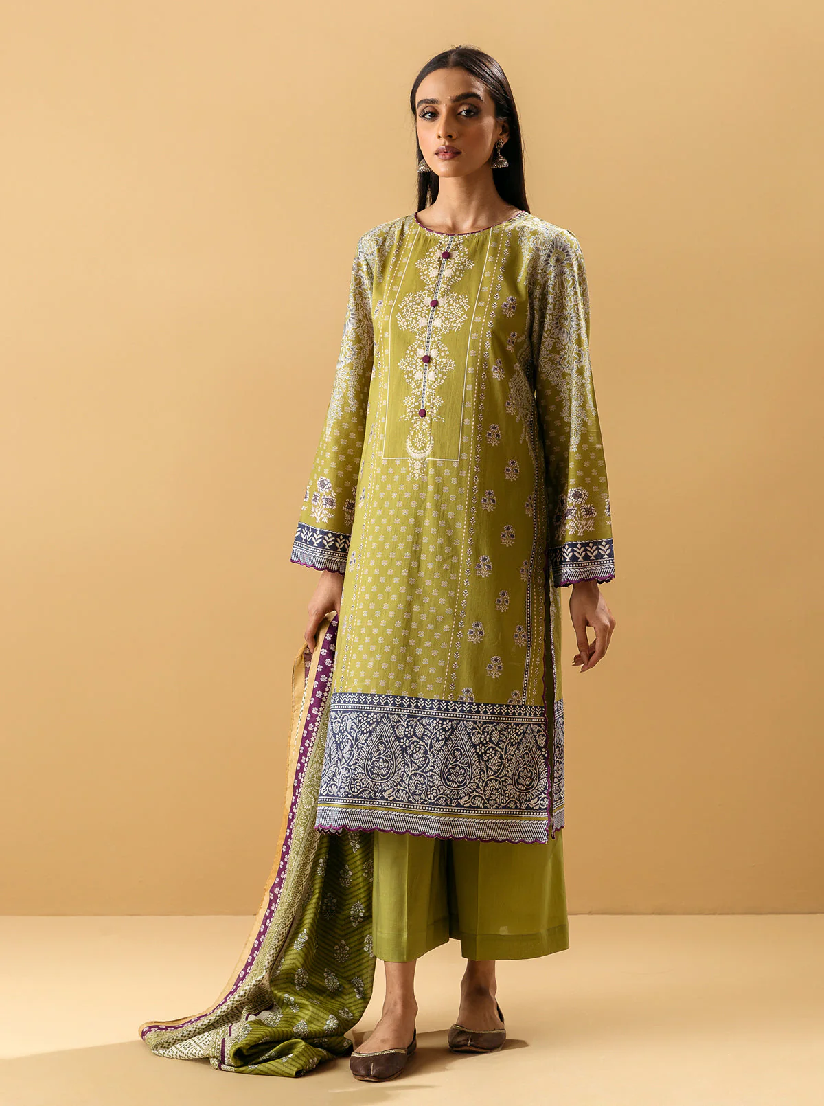 3 PIECE - PRINTED LAWN SUIT - LIME VERDANT - Image 4