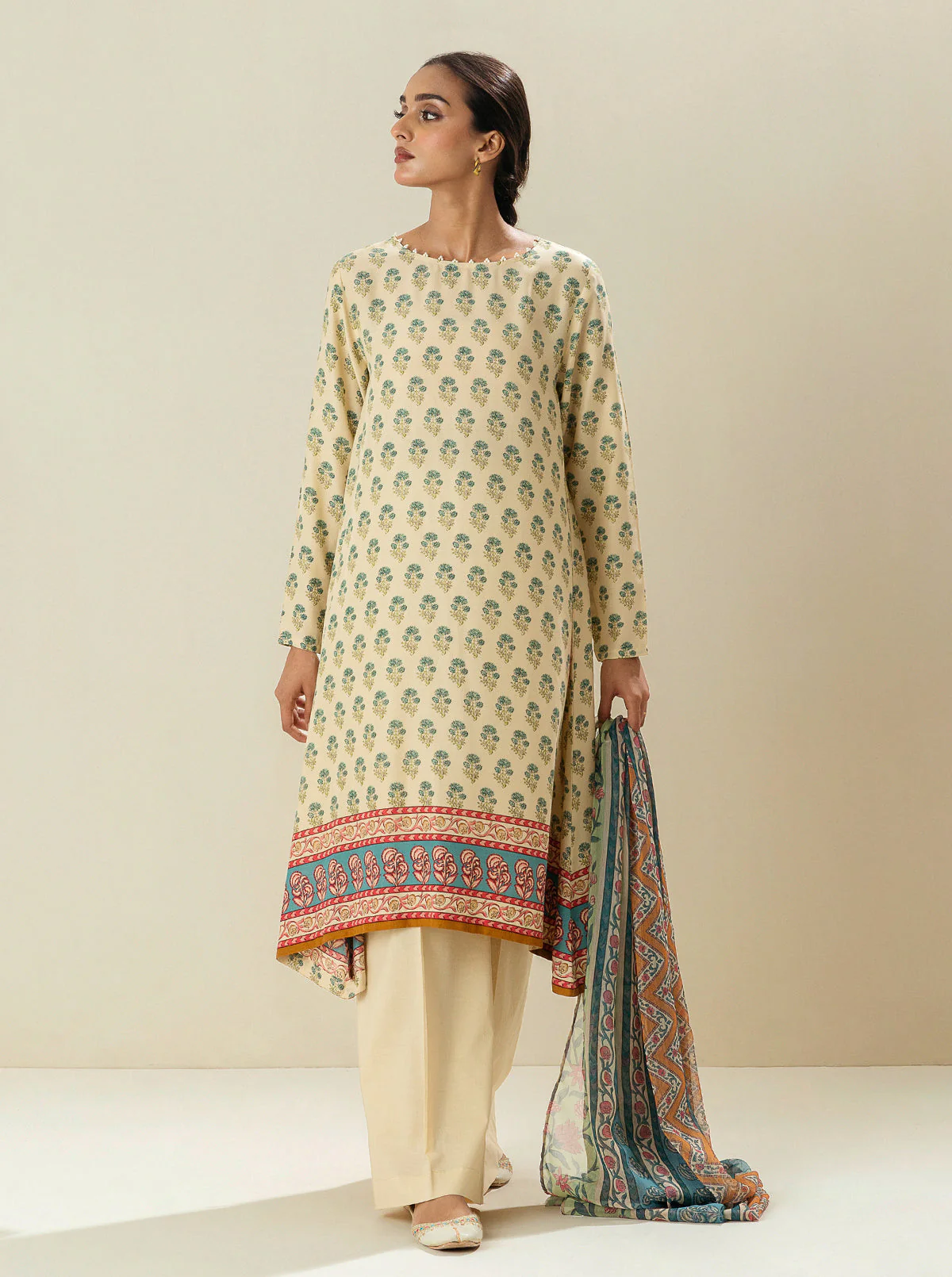 3 PIECE - PRINTED VISCOSE SUIT - LATTE FROTH (UNSTITCHED) - Image 2