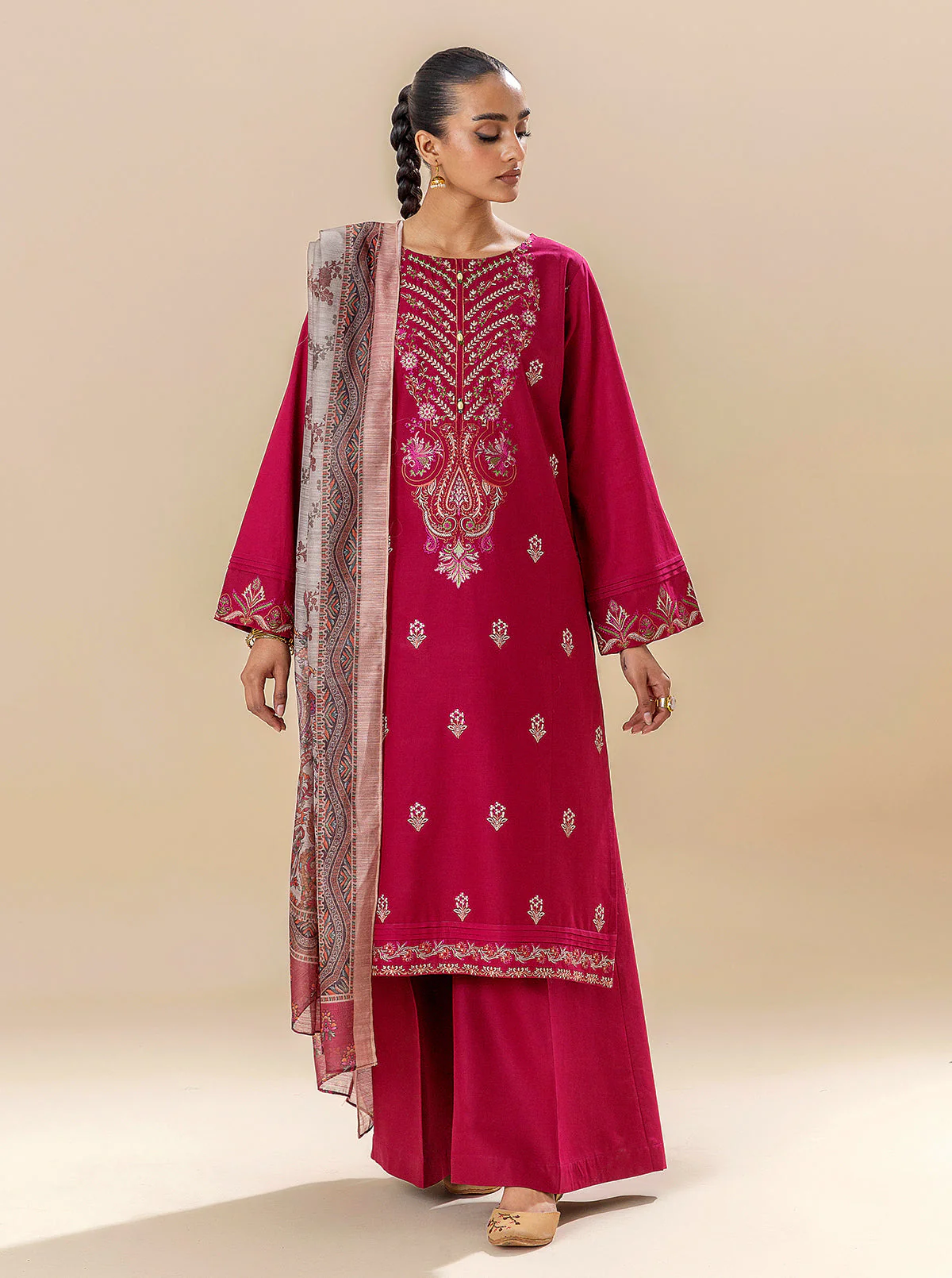 3 PIECE EMBROIDERED LAWN SUIT-RASPBERRY COULIS (UNSTITCHED) - Image 3