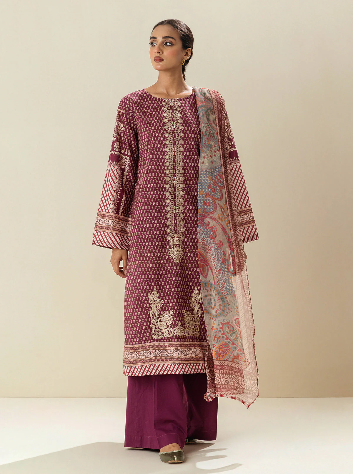 3 PIECE - EMBROIDERED LAWN SUIT - CARMINE FESTIVAL (UNSTITCHED)